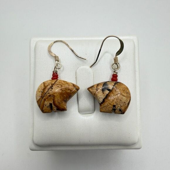 Unique Picture Jasper carved "bear" dangle earrings with sterling silver hooks! - Picture 11 of 15